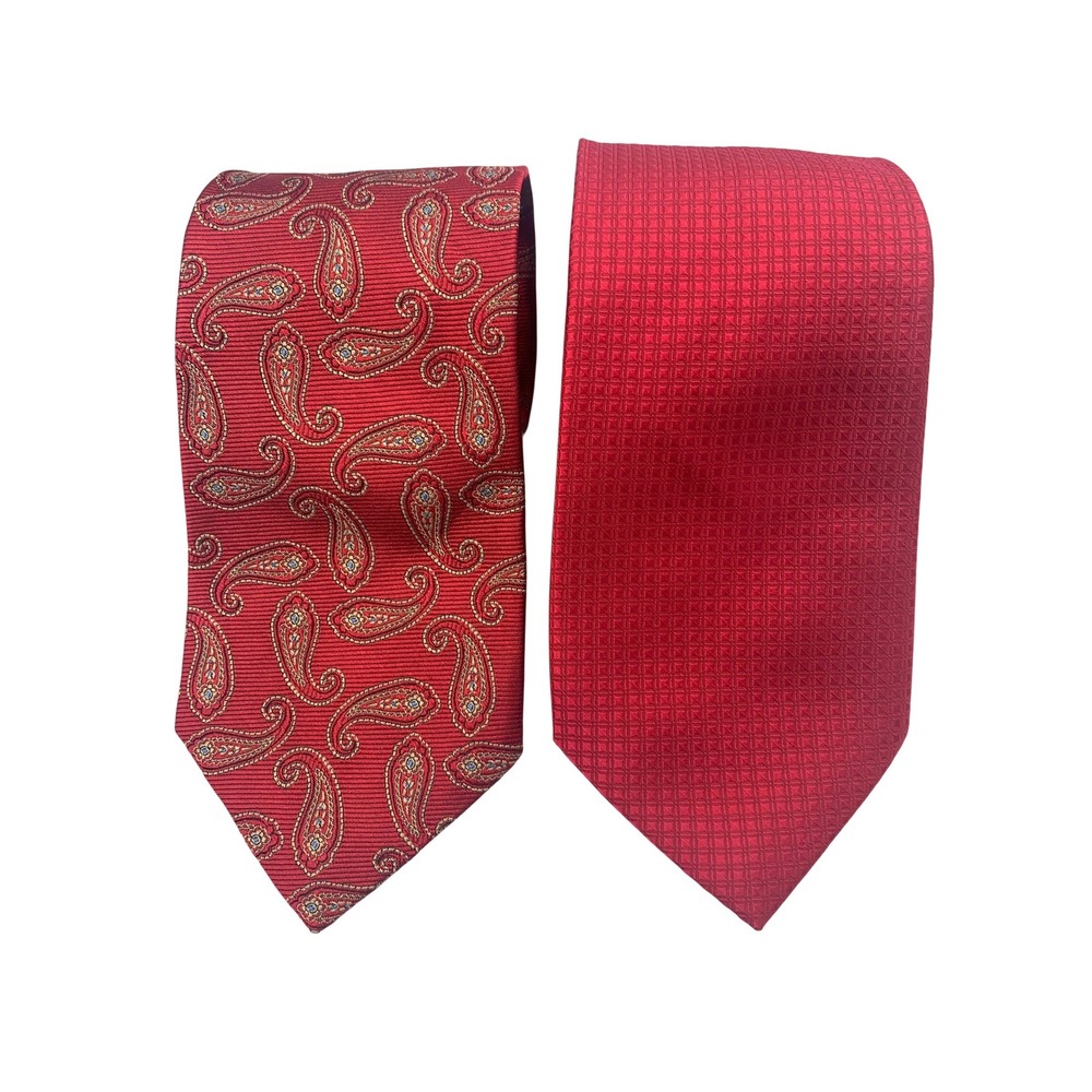 Lot of 2 Men's‎ Silk Neckties Red Paisley Micro-check T. Harris Haines & Bonner